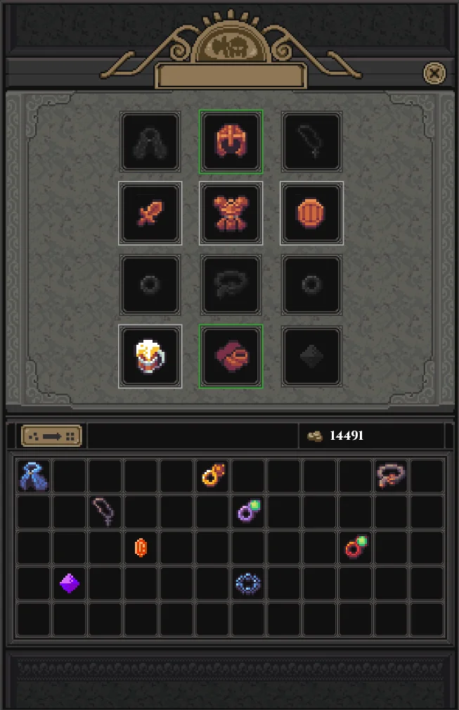 Inventory and gear interface showing items with affixes