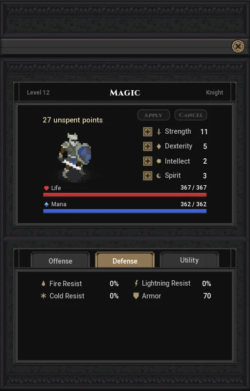 Character stats and talent tree interface