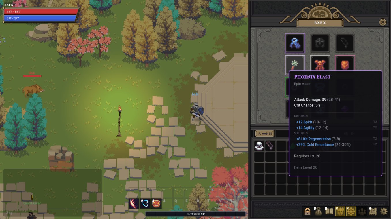 An item tooltip showing prefix and suffix affixes on a pair of Epic boots.